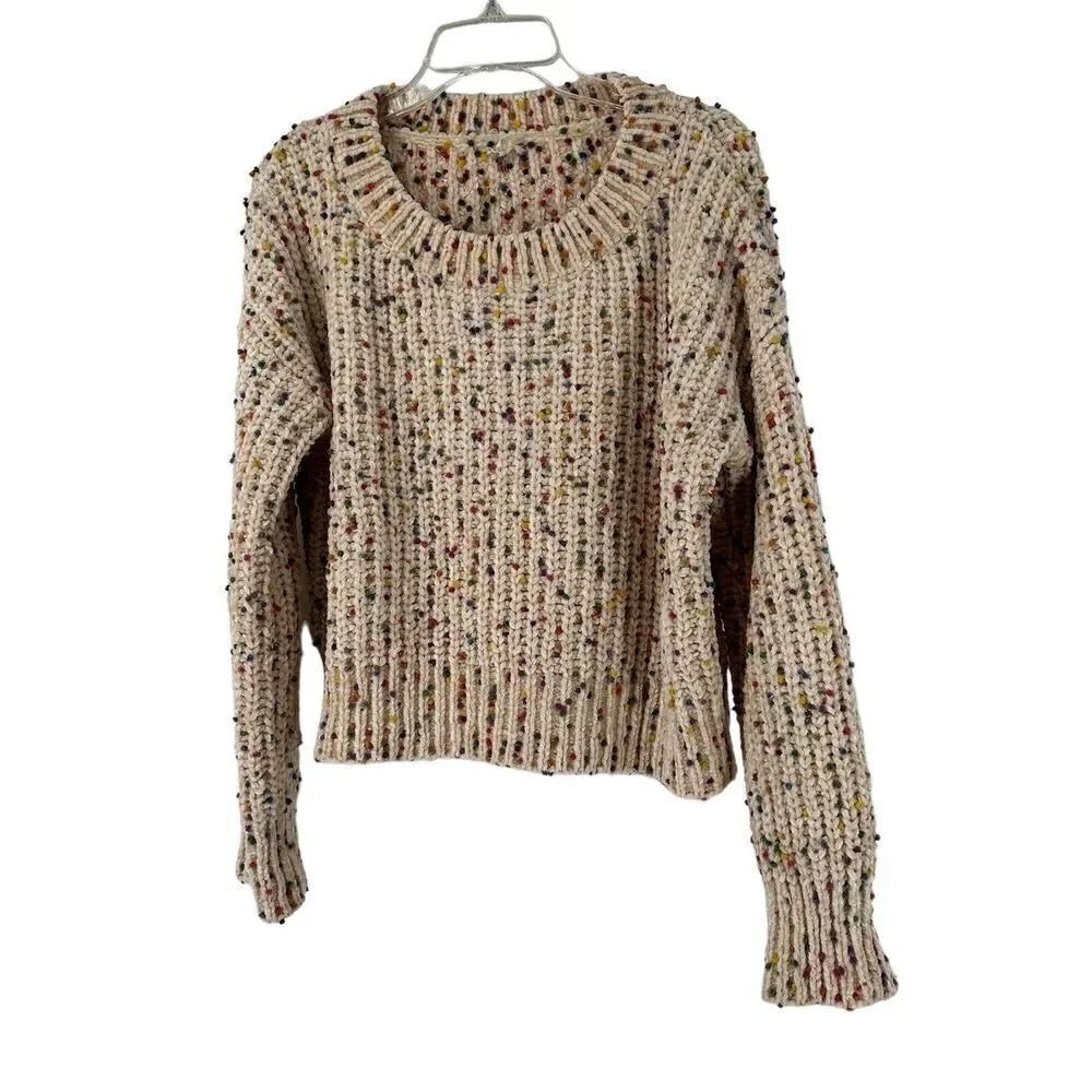 Chunky Knit Sweater Womens Size L Cream Colorful Dot Crop Chenille Knit Pullover